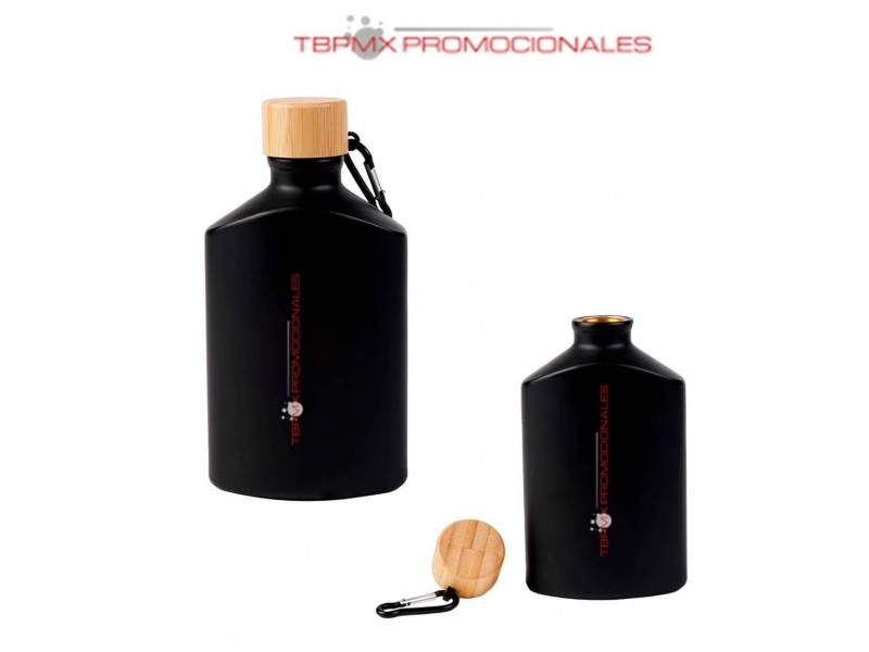 Cilindro anfora aluminio 500 ml tapa rosca bambu gancho metalico park promocional