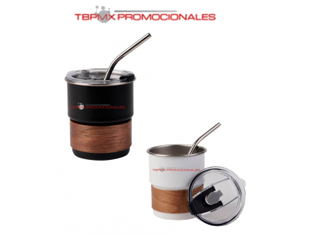 Vaso termico acero inoxidable 300 ml tapa presion boquilla seguridad silicon popote con manga de madera drip promocional