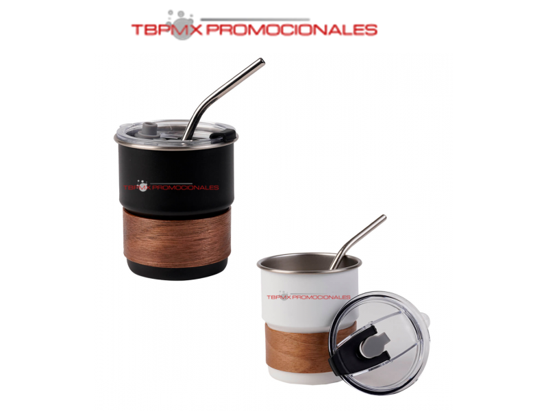 Vaso termico acero inoxidable 300 ml tapa presion boquilla seguridad silicon popote con manga de madera drip promocional