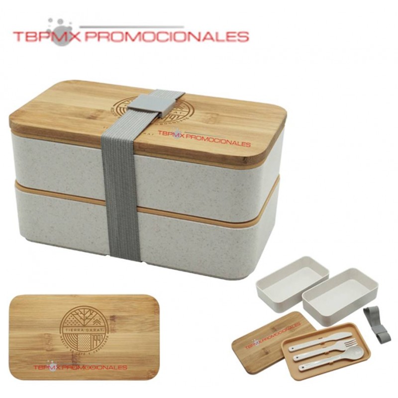 lonchera Box lunch doble fibra de trigo con tapa de bambú con cubiertos  promocional