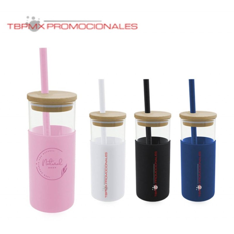 2 Vasos De Vidrio Con Silicona,tapa De Bambú, Popote,cepillo