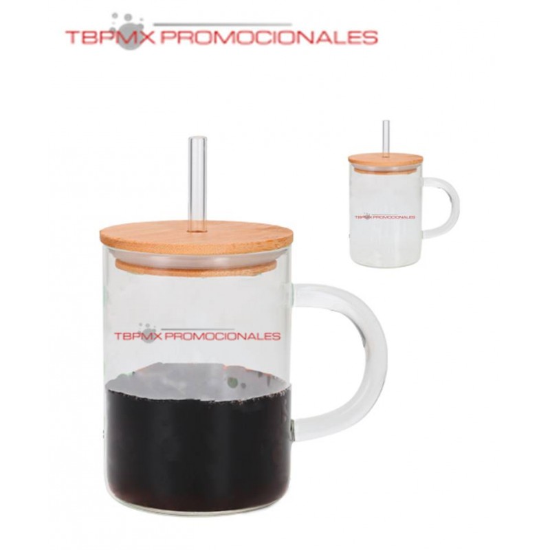 Taza de vidrio con tapa y popote - Bazar Mundial